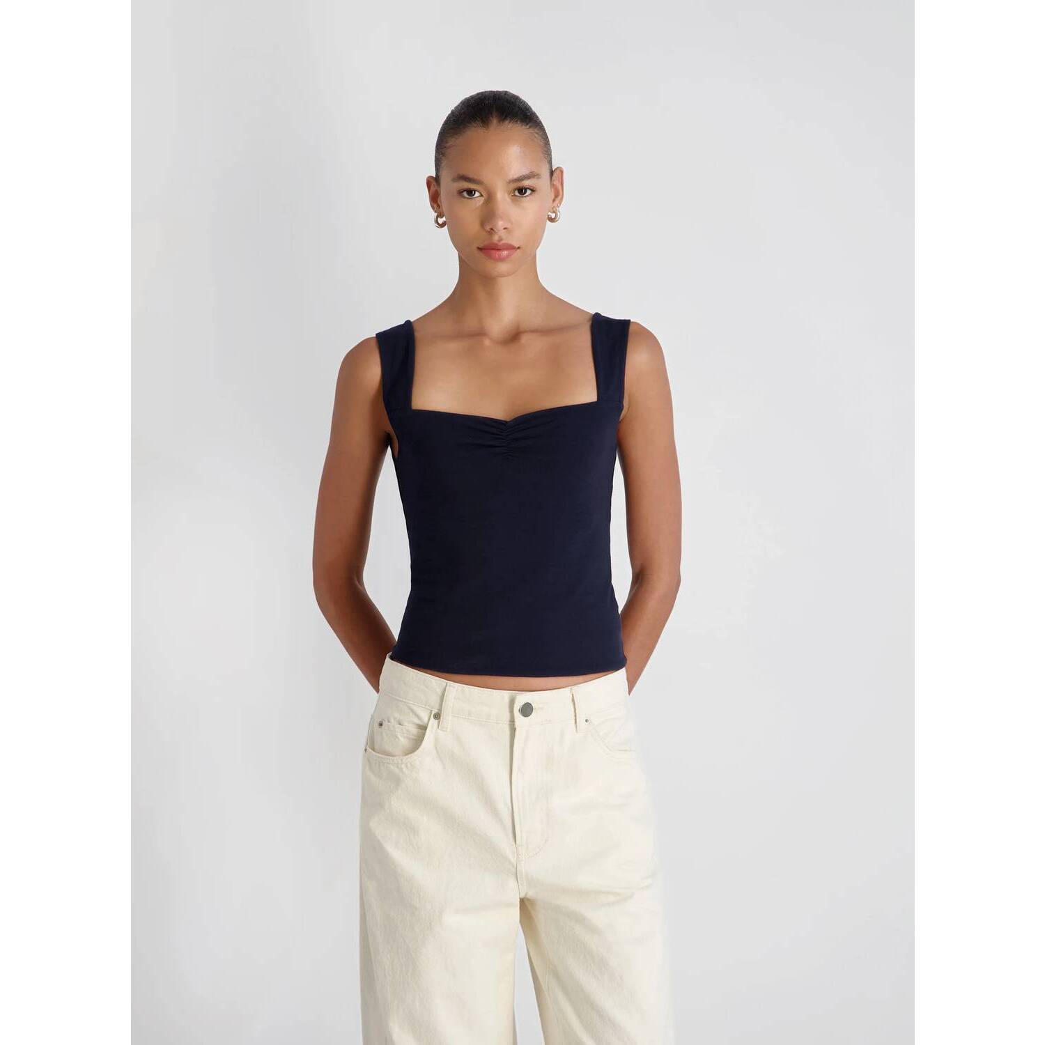 New French Connection Maisie Jersey Knit Ruched Front Tank In Marine